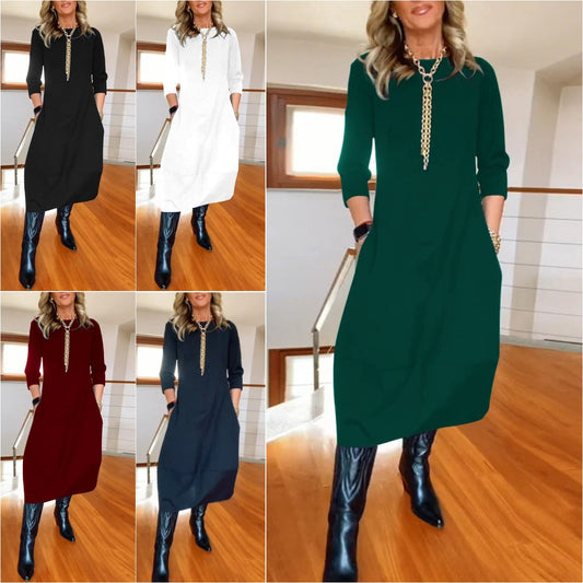 🔥🌷【Nowość 2026】【S-5XL】✨🙌Elegancka, jednokolorowa sukienka z długim rękawem, wygodna i praktyczna, odpowiednia do noszenia na co dzień.