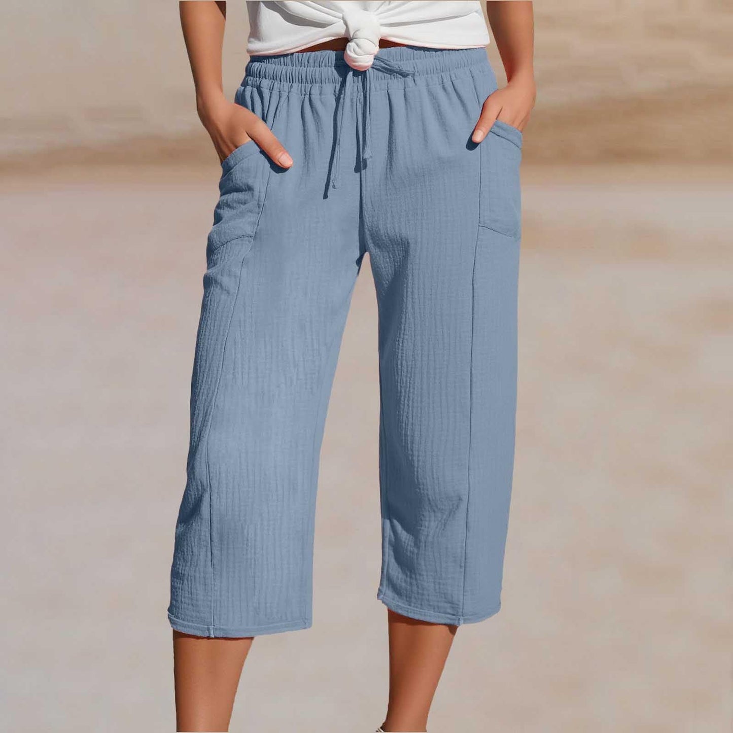 🔥✨【50% zniżki】Nowe letnie damskie spodnie capri z plisami, wykonane z bawełny i lnu, w jednolitym kolorze