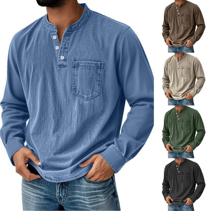 👔✅️【Descuento por tiempo limitado】【40-120 kg】🔥Camisa vaquera de manga larga con cuello en V para hombre, con bolsillo