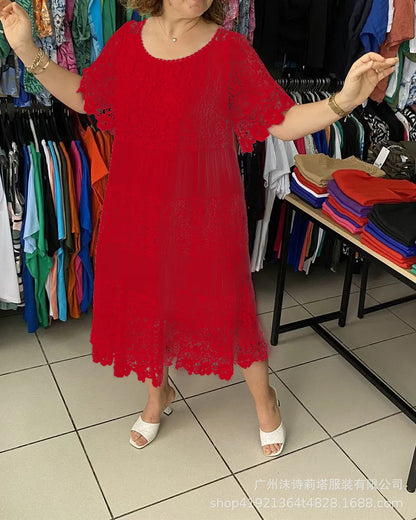 🔥【50%OFF】✨✨✨【S-5XL】2026Nuevo vestido camiseta de manga corta, cuello redondo y encaje.
