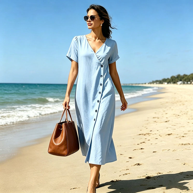 【S-3XL】Nuevo vestido de verano 2026 con escote en V, botones y diseño de color liso