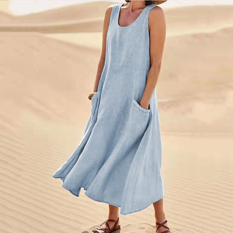 🌈👗【S-5XL】Lato 2025, nowa, elegancka, jednokolorowa sukienka bez rękawów z okrągłym dekoltem, wykonana z bawełny i lnu.
