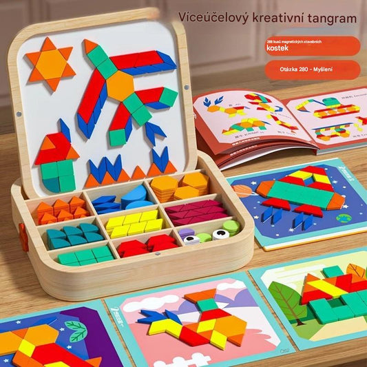 🔥【Sleva -50%】Nová magnetická dřevěná tangramová skládačka, dětská edukativní hračka na rozvoj myšlení.