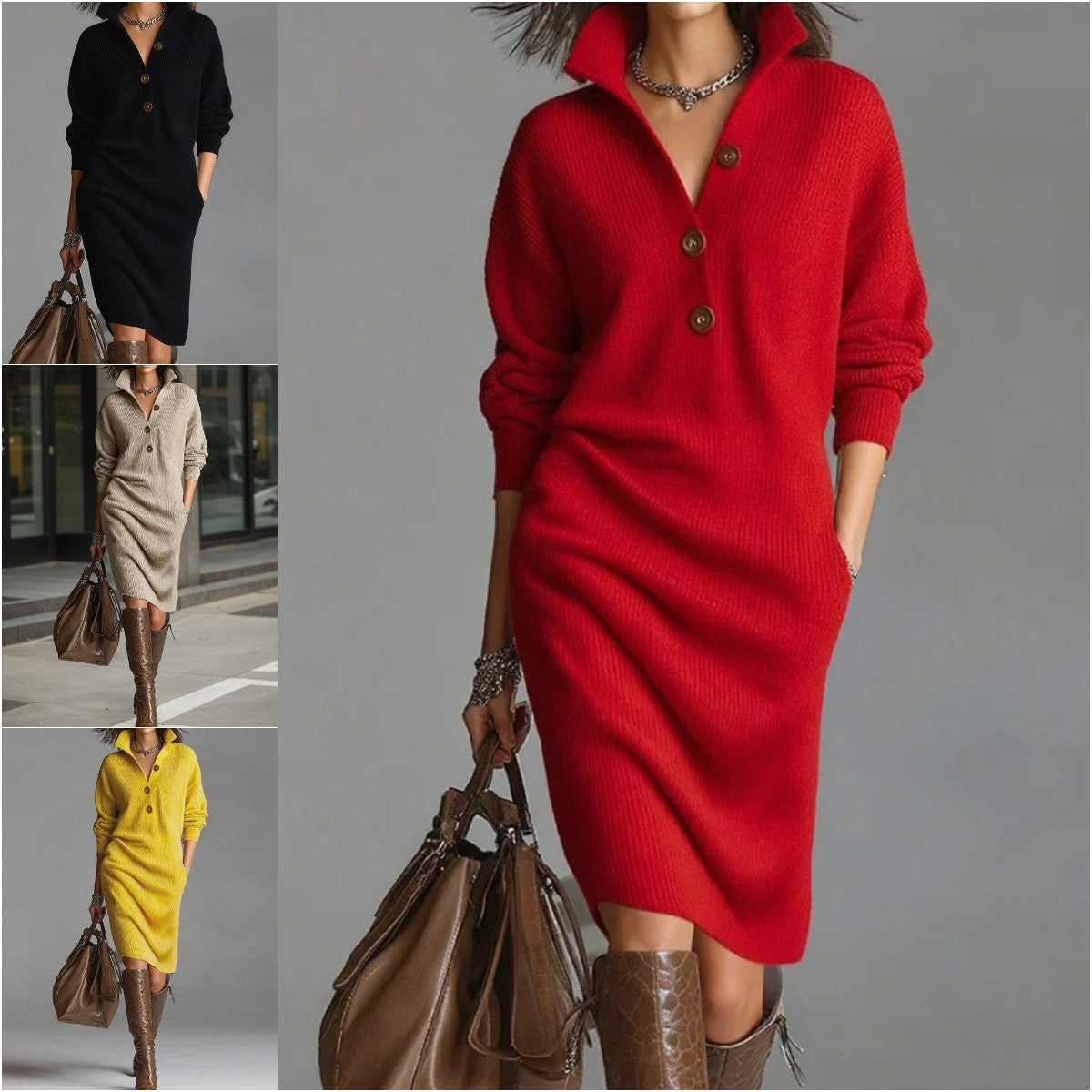 🔥🌷【Горещ продукт】【S-3XL】✨🎉Нова плетена рокля с ревери в европейски и американски стил