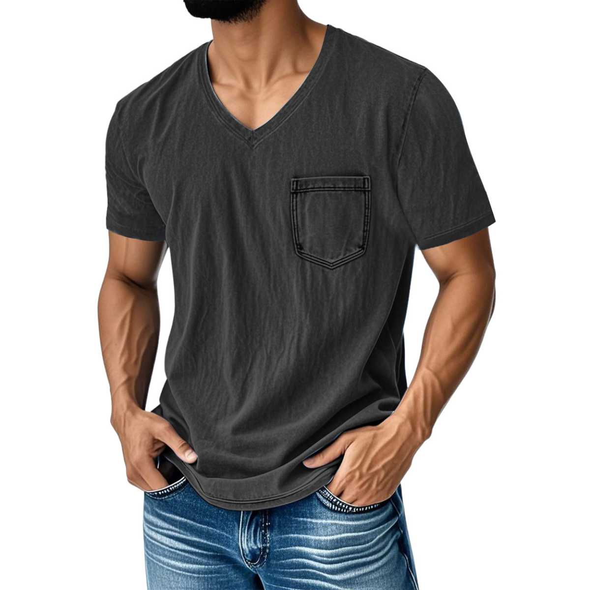 👔 50% de descuento🔥【40-120 kg】Camiseta vaquera informal y holgada con cuello en V y mangas cortas para hombre ✅️Pago contra entrega