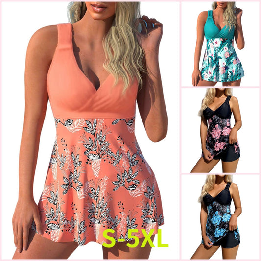 🌴🏖️ 【50% zniżki 】【S-5XL】😍🔥 Duży damski zestaw kostiumów kąpielowych z nadrukiem, spodenki, spódniczka do pływania z odkrytymi plecami, szybkoschnący materiał