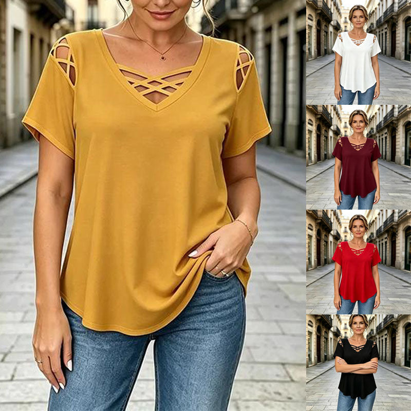 👚【Novedad 2026, oferta por tiempo limitado】 Camiseta de algodón con cuello en V, diseño cruzado y aberturas, moderna y transpirable