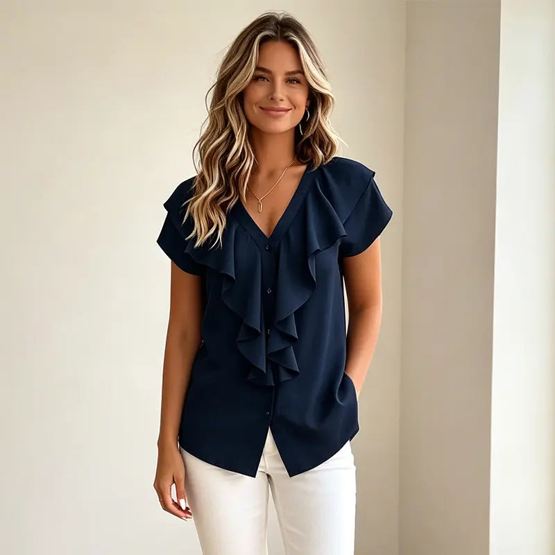 ✨✨Elegante blusa de verano para mujer con escote en V – Camisa informal con volantes y botones, material suave, transpirable y fresco.✅️Pago contra entrega