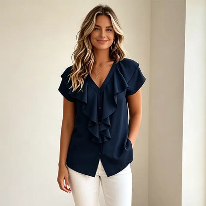 ✨✨Elegante blusa de verano para mujer con escote en V – Camisa informal con volantes y botones, material suave, transpirable y fresco.✅️Pago contra entrega