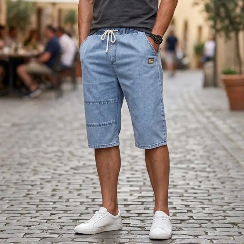 🔥【50% de descuento!】🔥Pantalones cortos vaqueros tres cuartos para hombre, jeans ligeros y frescos de verano, cintura elástica con cordón, corte oversize holgado, material suave y transpirable.