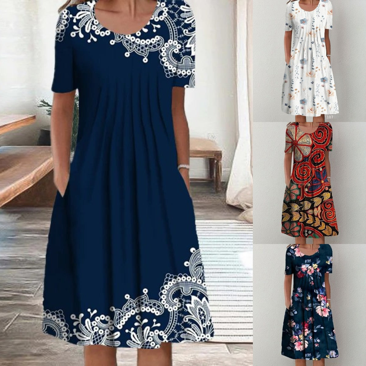 【Zľava 50%】【Veľkosti S-5XL】🌺🌺 Moderné šaty s okrúhlym výstrihom a potlačou.