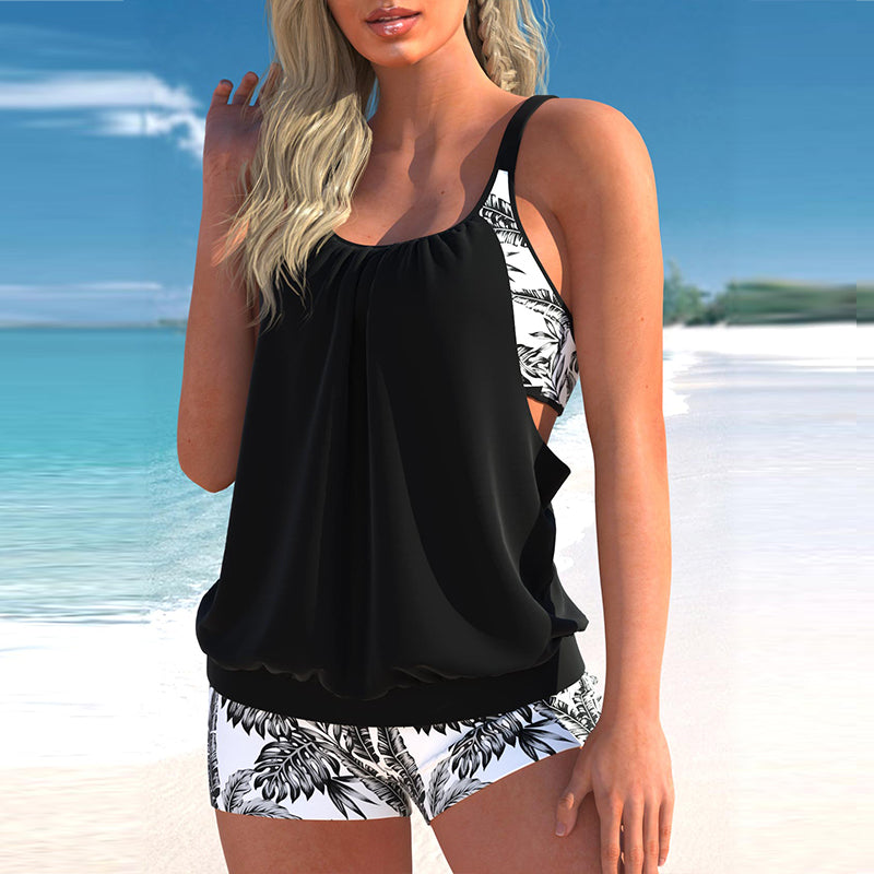 🩱🏖️💗【Top + Pantalones】【S-5XL】Traje de baño de dos piezas con espalda deportiva y estampado para mujer