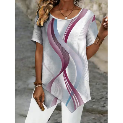 💎【S-5XL】Blusa de manga corta con estampado retro y bajo asimétrico.✅️Pago contra entrega