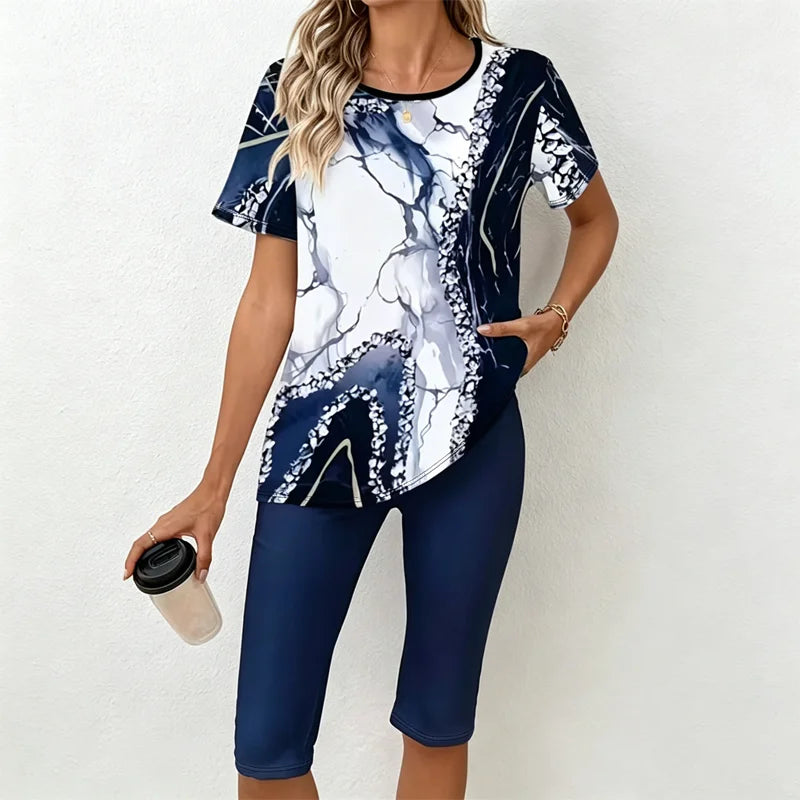 🎁【Camiseta + pantalones】Conjunto informal de dos piezas para mujer con estampado de mármol, confeccionado en tejido suave, transpirable y elástico.✅️Pago contra entrega