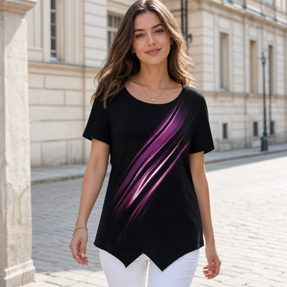 💎【S-5XL】Blusa de manga corta con estampado retro y bajo asimétrico.✅️Pago contra entrega