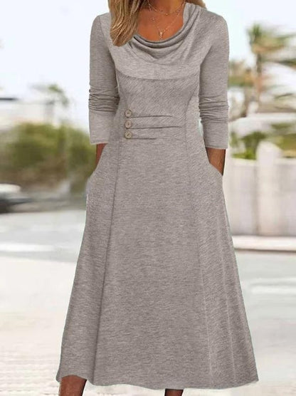 【S-3XL】👗 2024 нова едноцветна рокля с джоб с кръгло деколте