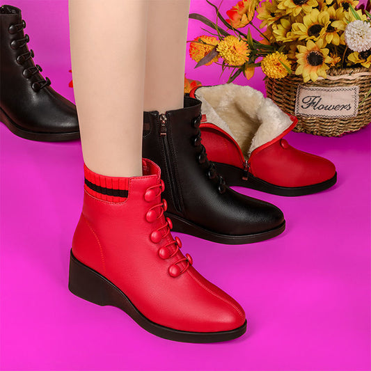 【35-41】2024 jesienne i zimowe popularne damskie buty z miękkiej skóry na pochyłym obcasie3837607