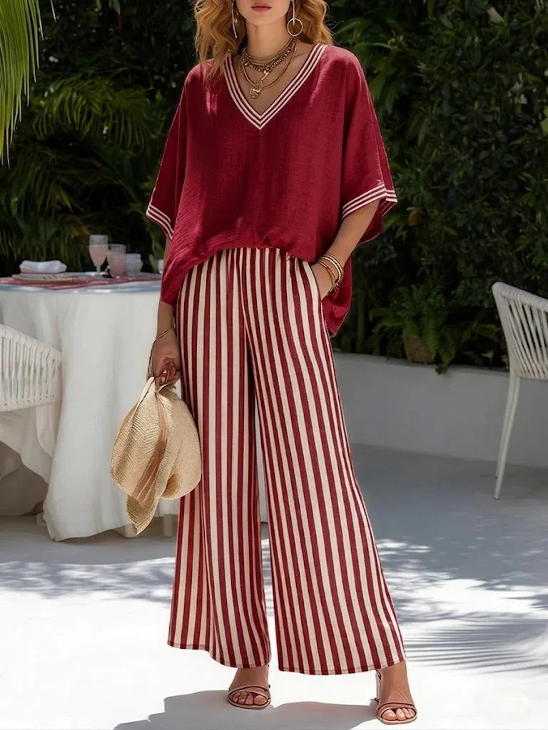 💐【S-4XL】Conjunto clásico a rayas de algodón y lino (top + pantalones)