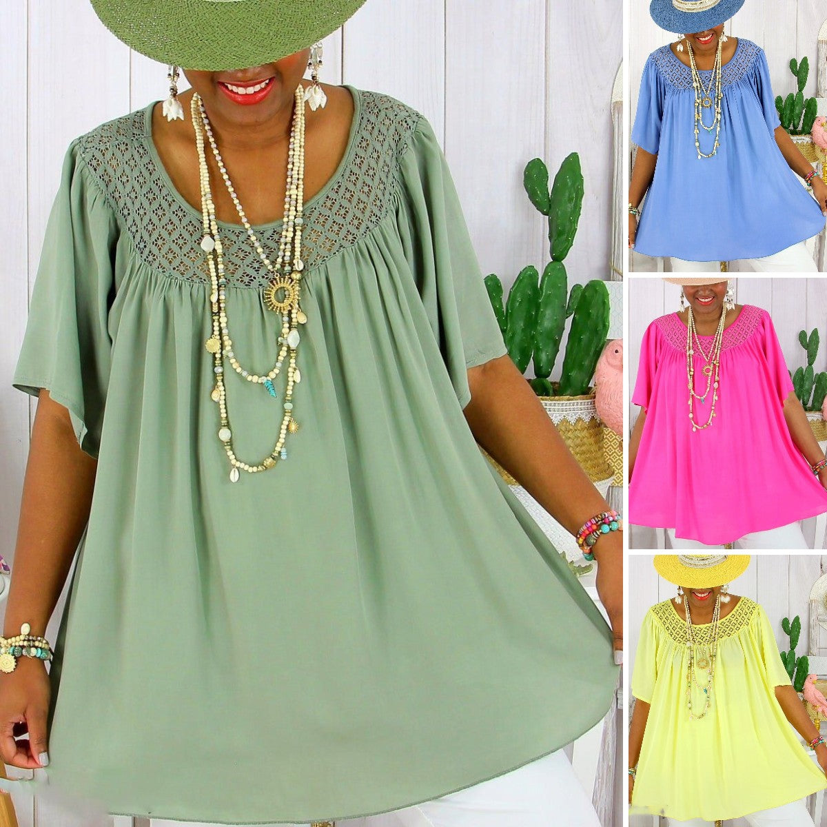 【XL-8XL】 Nowe, letnie, luźne, koronkowe ubrania damskie w jednolitym kolorze w dużych rozmiarach-3691331