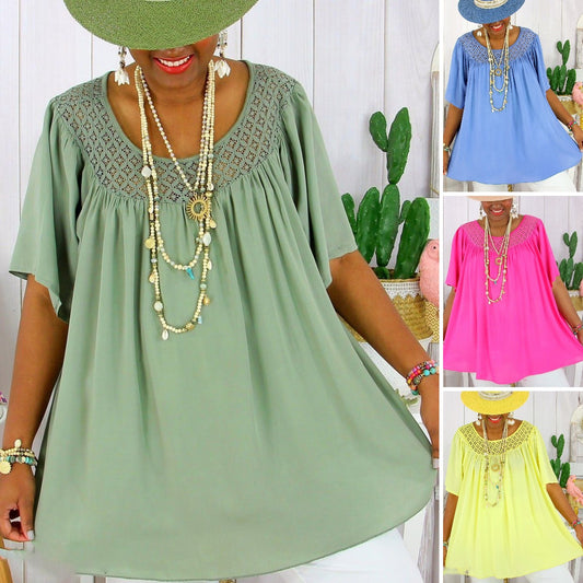 【XL-8XL】 Nowe, letnie, luźne, koronkowe ubrania damskie w jednolitym kolorze w dużych rozmiarach-3691331