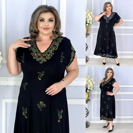 💗【Nowość】【S-5XL】💃 2025 Lato Czarna Elegancka Drukowana Haftowana Sukienka