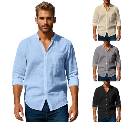 👔50% de descuento🔥【40-100kg】Camisa informal de lino para hombre, manga larga, cuello alto, tejido transpirable. ✅Pago contra entrega