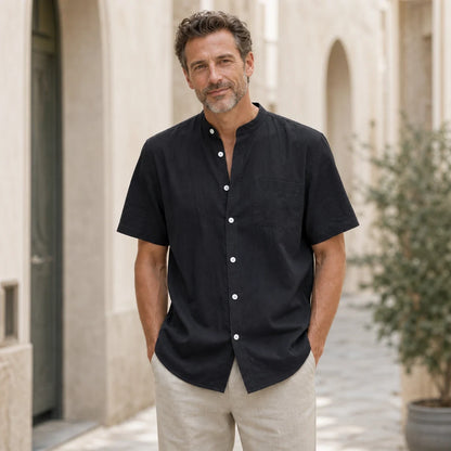 🔥👔【S–3XL】Camisa de manga corta de algodón y lino transpirable con cuello Henley para hombre: cómoda, ligera y de corte holgado.