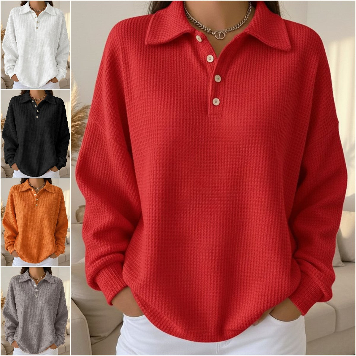 🔥🌷【Nowość na rok 2026】🎉🙌 Stylowa, elegancka, swobodna damska koszula z dzianiny waflowej z kołnierzykiem