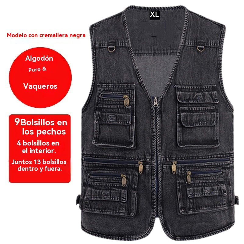 🧥【50% off, pago contra reembolso】【XL-7XL】2026 Chaleco vaquero multibolsillos para hombr