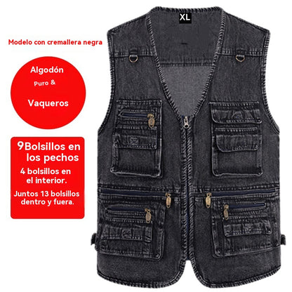🧥【50% off, pago contra reembolso】【XL-7XL】2026 Chaleco vaquero multibolsillos para hombr