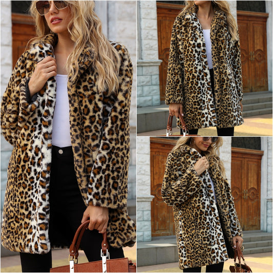 🔥Modny płaszcz zimowy ze sztucznego futra w panterkę z klapami dla kobiet3867089