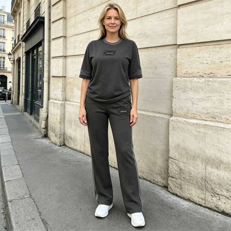 🔥🔥【Top + Pantalones】hándal de verano de 2 piezas para mujer, camiseta informal con raya en contraste y pantalón deportivo largo, material fino, transpirable y fresco.✅️Pago contra entrega