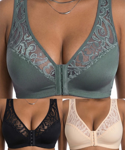 🔥👙【Conjunto de 3 piezas】【L-4XL】Sujetador push-up de encaje de tallas grandes, cierre frontal para poner y quitar fácilmente.