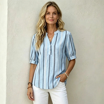 🔥👚 【50% de descuento】✨🎉Camisa de verano de manga corta de algodón y lino a rayas, tejido transpirable.