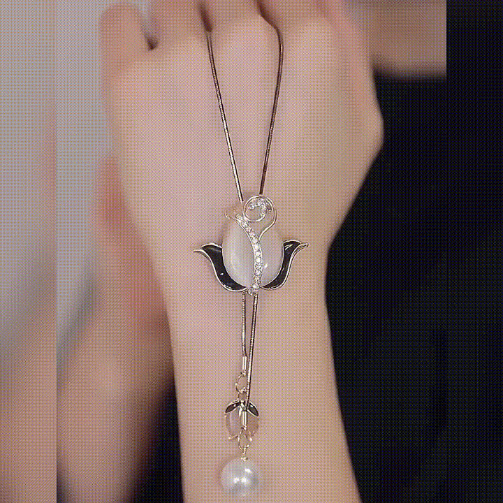 ✨😍✨Długi naszyjnik w kształcie tulipana z kamieniem w kształcie kociego oka