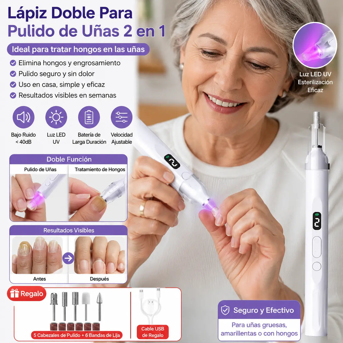 💅Lima de uñas eléctrica 2 en 1 con lámpara LED (lámpara de secado + 5 cabezales de pulido) ✅️Pago contra entrega