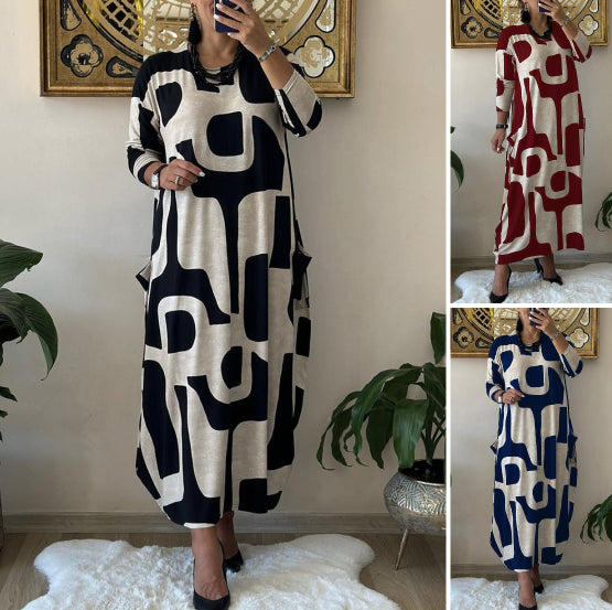 🔥🥰【S-3XL】Casualowa sukienka z okrągłym dekoltem i długą spódnicą z długim rękawem i nadrukiem