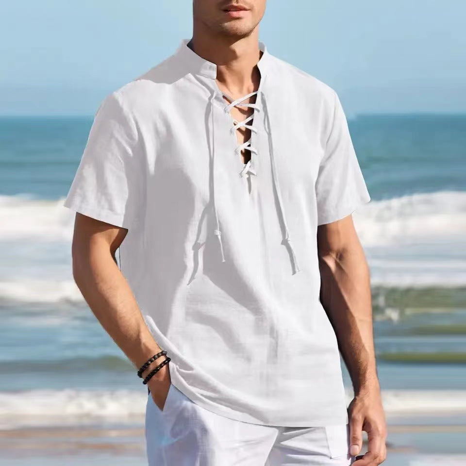 👔 50% de descuento 🔥 Camisa Henley de algodón y lino para hombre, talla grande, con cuello en V y lazos ✅️ Pago contra entrega