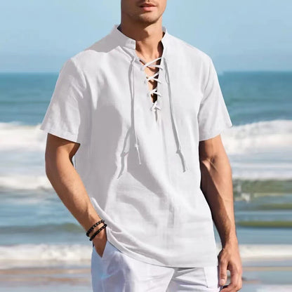 👔 50% de descuento 🔥 Camisa Henley de algodón y lino para hombre, talla grande, con cuello en V y lazos ✅️ Pago contra entrega