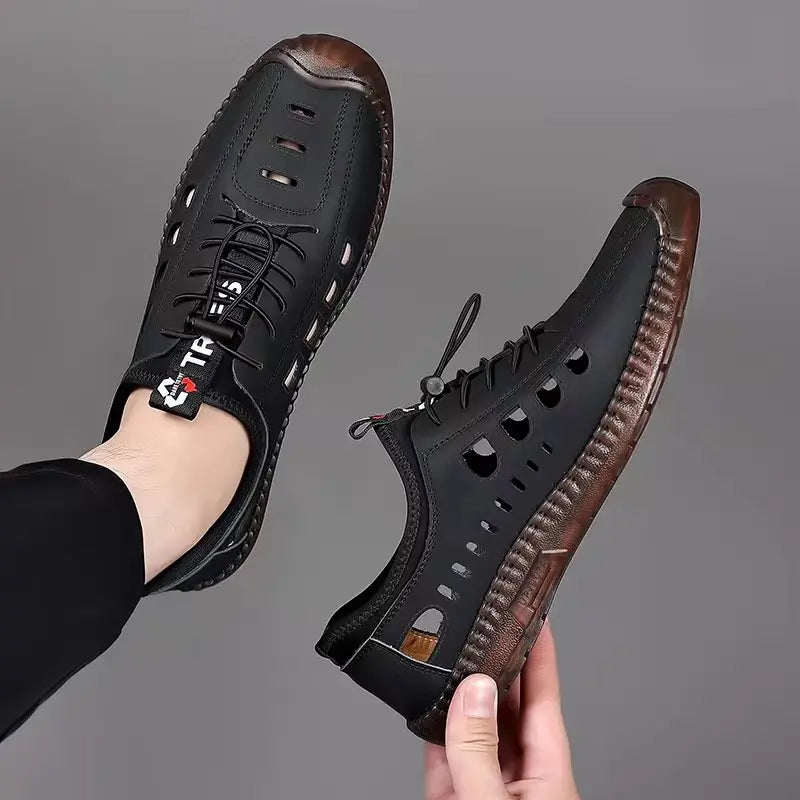 Ograniczona ilość【Rozmiary 39-44】Męskie buty codzienne z wydrążoną, oddychającą i antypoślizgową cholewką z prawdziwej skóry