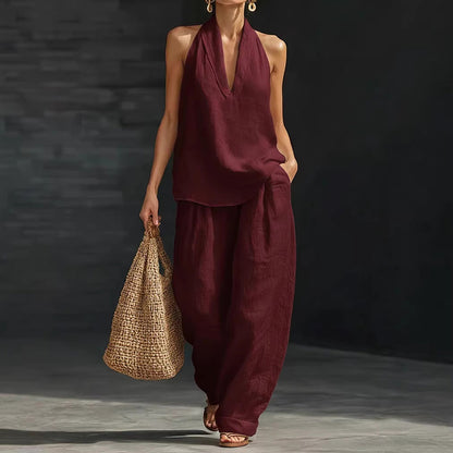 【S-5XL】💥Conjunto casual para mujer, top con cuello en V + pantalón de pierna ancha