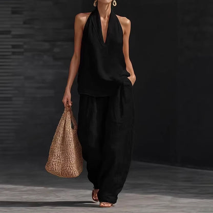 【S-5XL】💥Conjunto casual para mujer, top con cuello en V + pantalón de pierna ancha