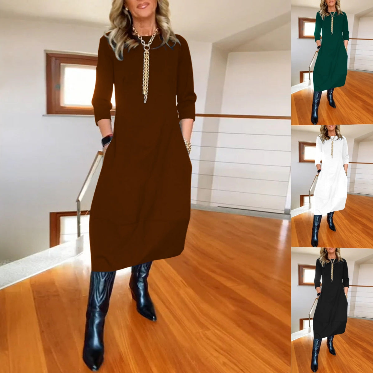 sleva 50 %! 👗 【S-5XL】Elegantní jednobarevné šaty s dlouhým rukávem, pohodlné a praktické, vhodné pro každodenní nošení.