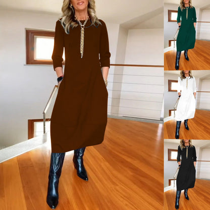 sleva 50 %! 👗 【S-5XL】Elegantní jednobarevné šaty s dlouhým rukávem, pohodlné a praktické, vhodné pro každodenní nošení.