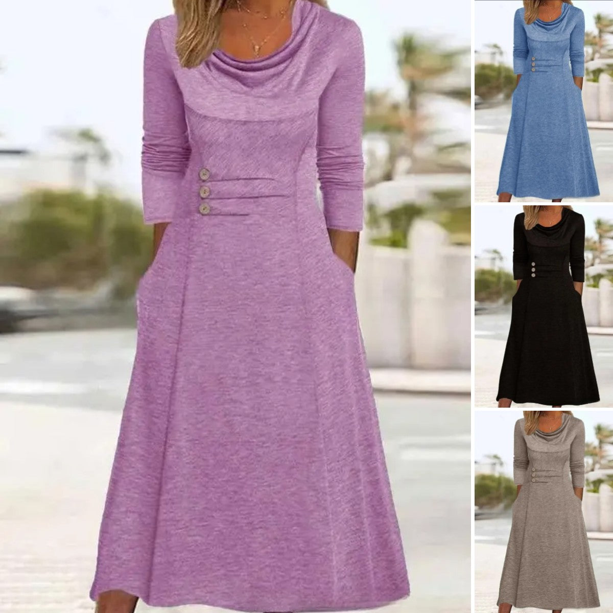 【S-3XL】👗 2024 нова едноцветна рокля с джоб с кръгло деколте
