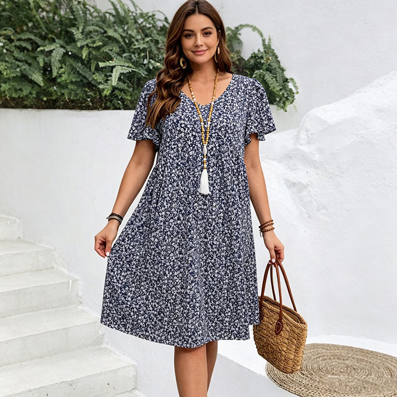 【S-5XL】Vestido 2026 con estampado floral, cuello redondo y manga corta, ligero, vaporoso y favorecedor.
