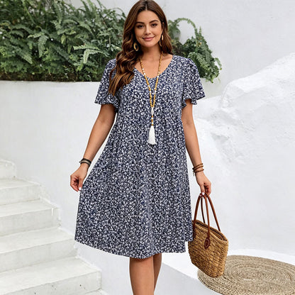 【S-5XL】Vestido 2026 con estampado floral, cuello redondo y manga corta, ligero, vaporoso y favorecedor.