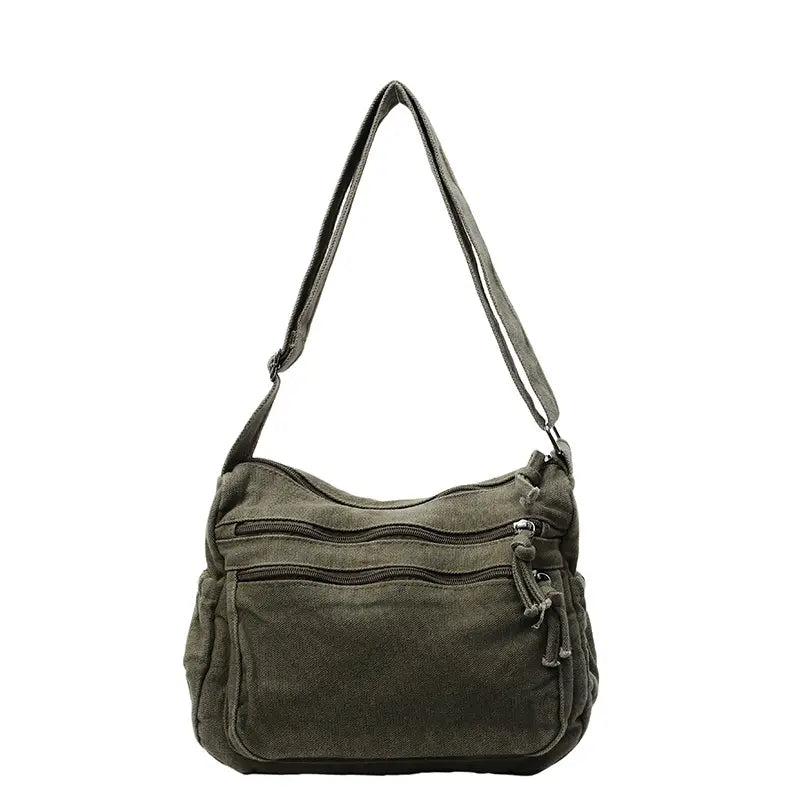👜✨Veľkokapacitná taška cez rameno z ošúchaného plátna: dizajn s viacerými priehradkami na zips a širokým nastaviteľným ramenným popruhom.