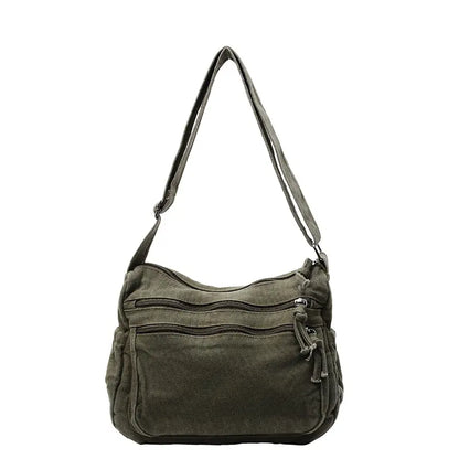 👜✨Veľkokapacitná taška cez rameno z ošúchaného plátna: dizajn s viacerými priehradkami na zips a širokým nastaviteľným ramenným popruhom.