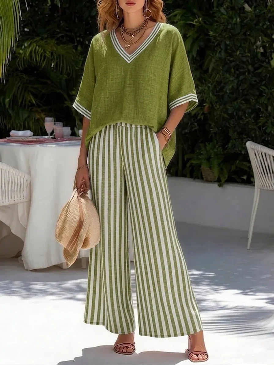 💐【S-4XL】Conjunto clásico a rayas de algodón y lino (top + pantalones)
